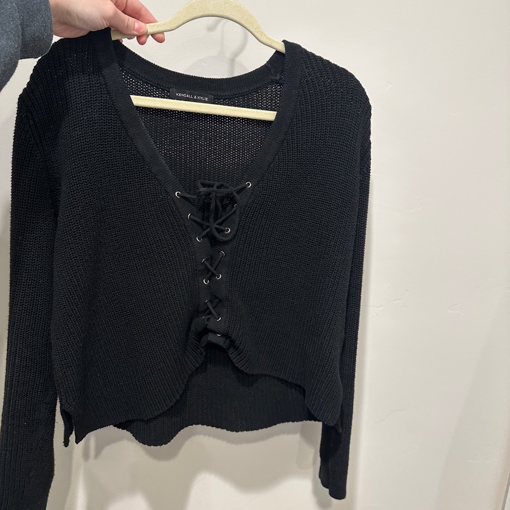 Black Lace-Up Knit Sweater